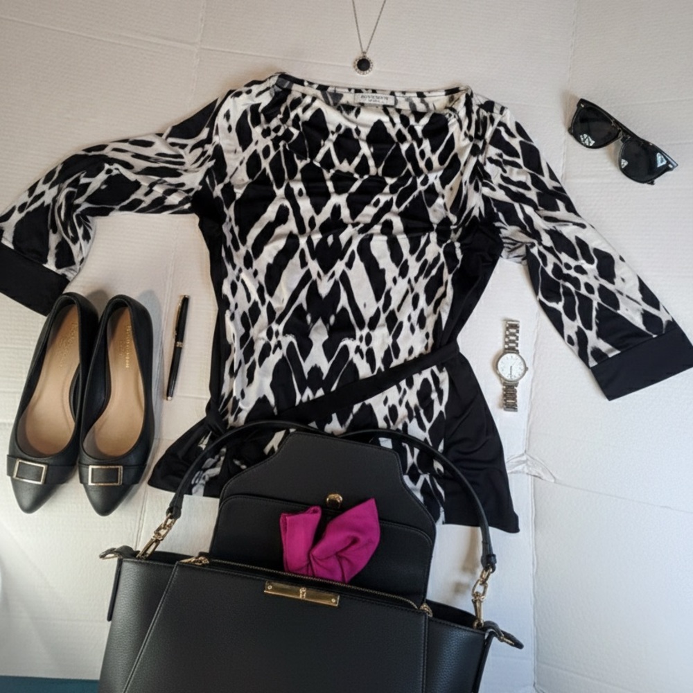Liz Claiborne Petite Ikat Black White Belted Tunic PL Stretch Geometric Blouse - Picture 2 of 10